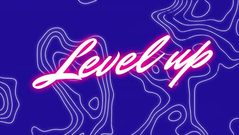 animation of level up text over moving shapes on blue background