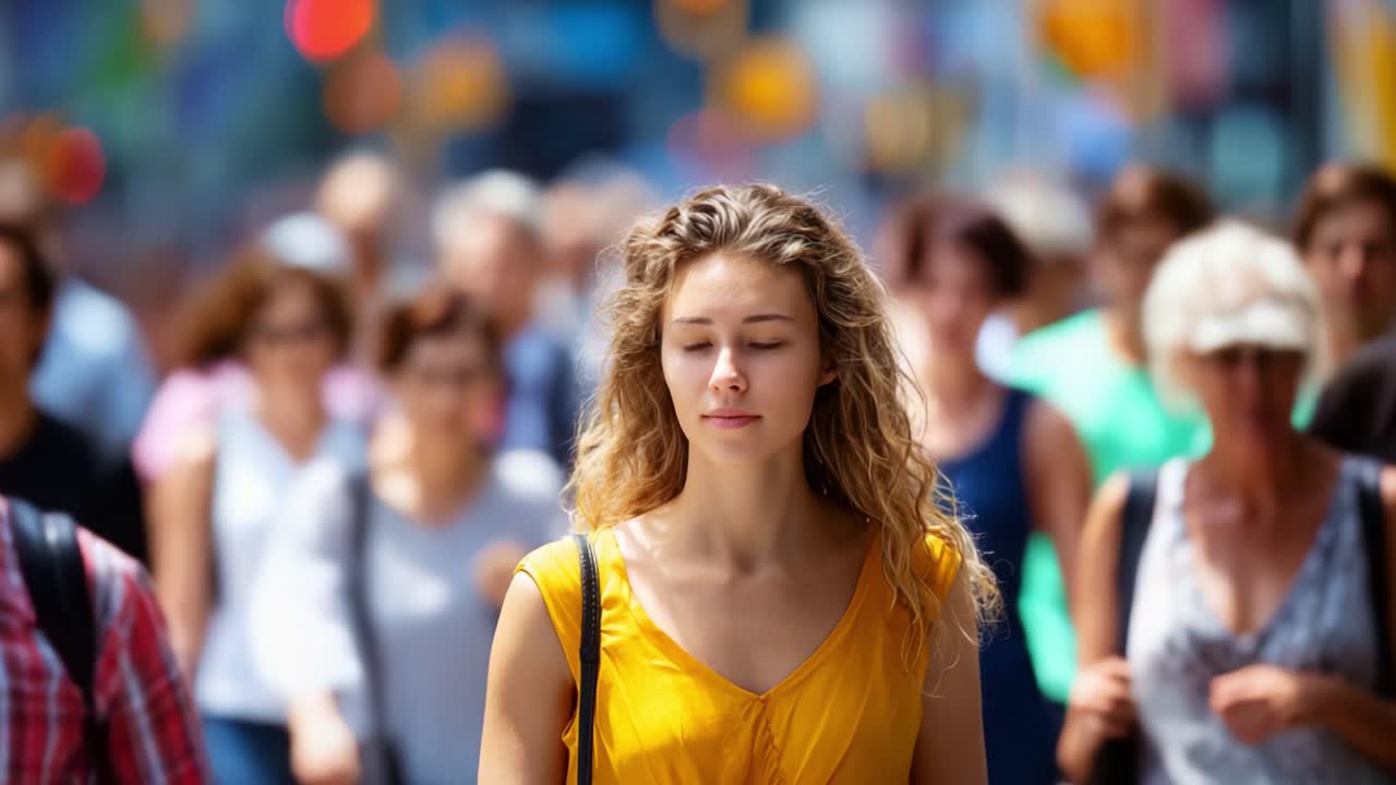 Una giovane donna con un vestito giallo cammina con sicurezza in una strada affollata, circondata da un gruppo eterogeneo di persone e dall'atmosfera urbana