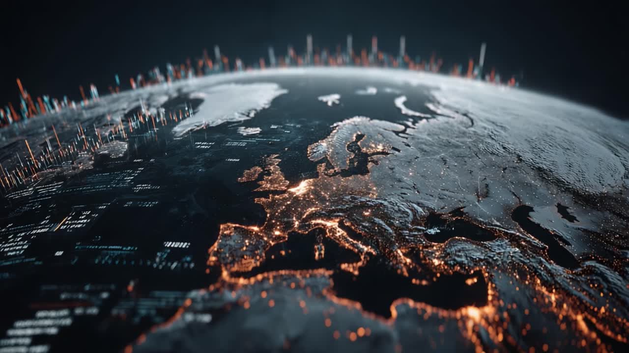 Eine atemberaubende Luftaufnahme der Erde mit Fokus auf Europa, die natürliche Sehenswürdigkeiten und beleuchtete Städte in einer Hightech-Visualisierung unseres Planeten hervorhebt