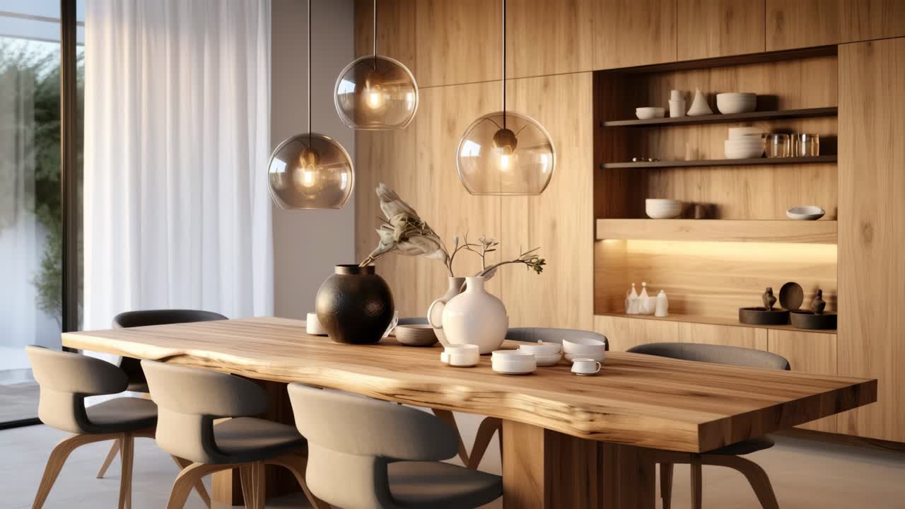 Sala da pranzo moderna con arredamento in legno, ripresa grandangolare.