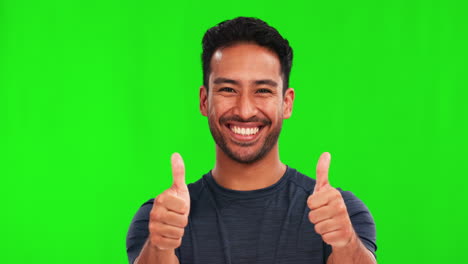 Face,-thumbs-up-and-happy-man-in-green-screen