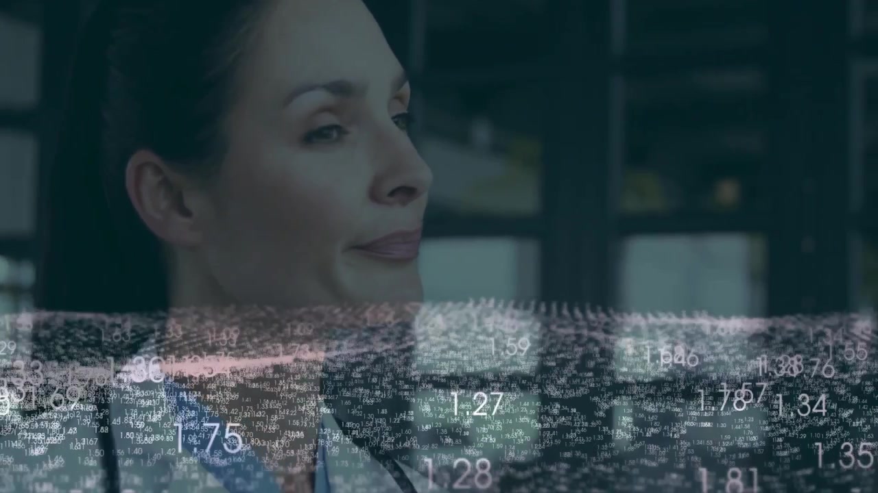 Doctor speaking by window activating holographic numeric grid with colleague joining team analysis
