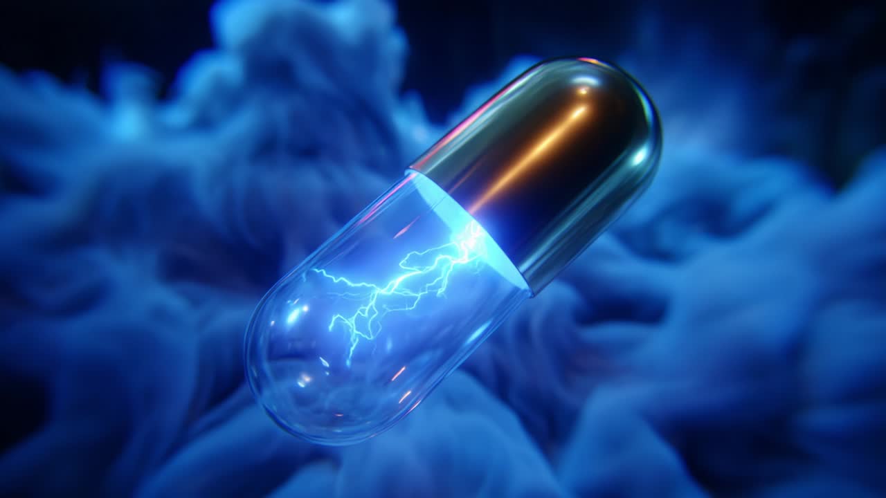 A Vibrant Energy Capsule Floating Through Mystical Blue Fog with Electric Sparks Illuminating Its Clear Glass Surface, Capturing the Imagination of Science and Futuristic Concepts in a Stunning Visual Display