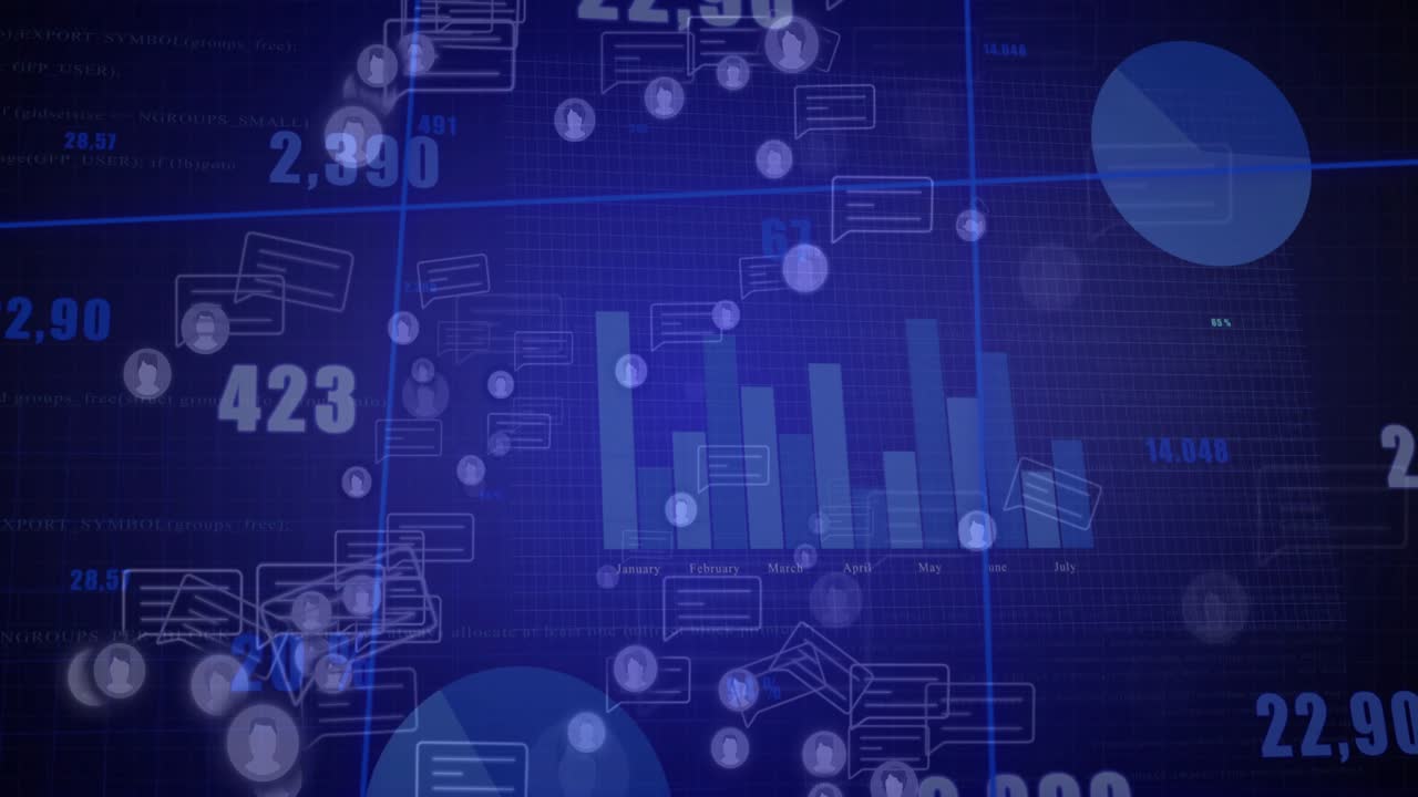 Grid activating icons and bubbles drifting diagonally, bar charts rising showing engagement trends