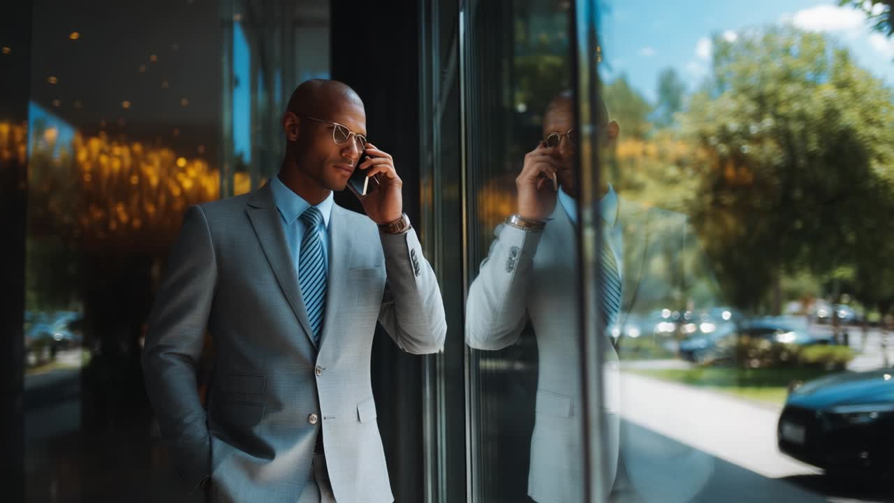 A professional man in a tailored grey suit stands elegantly by a glass window, engaged in a phone conversation while enjoying the view of a sunny day outside, showcasing sophistication and modern style
