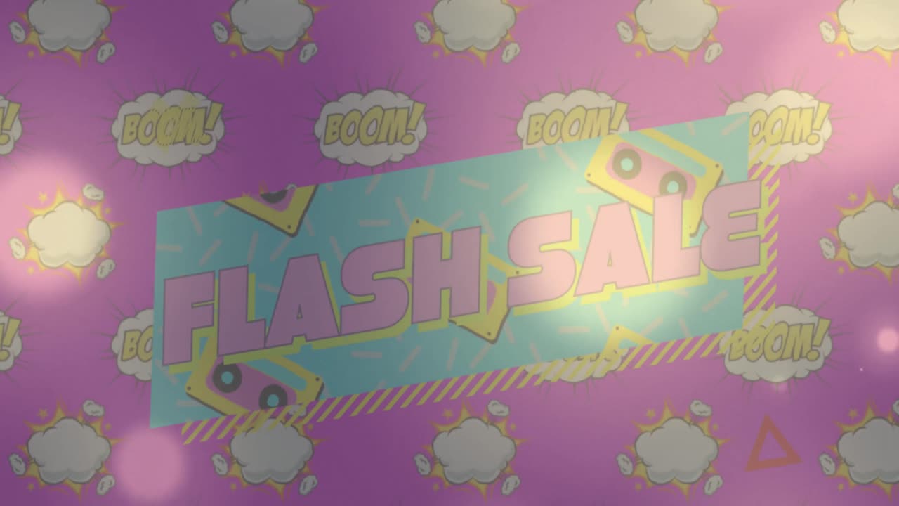 puntos de luz sobre banner de texto de venta flash contra múltiples banners de texto de auge en fondo rosa