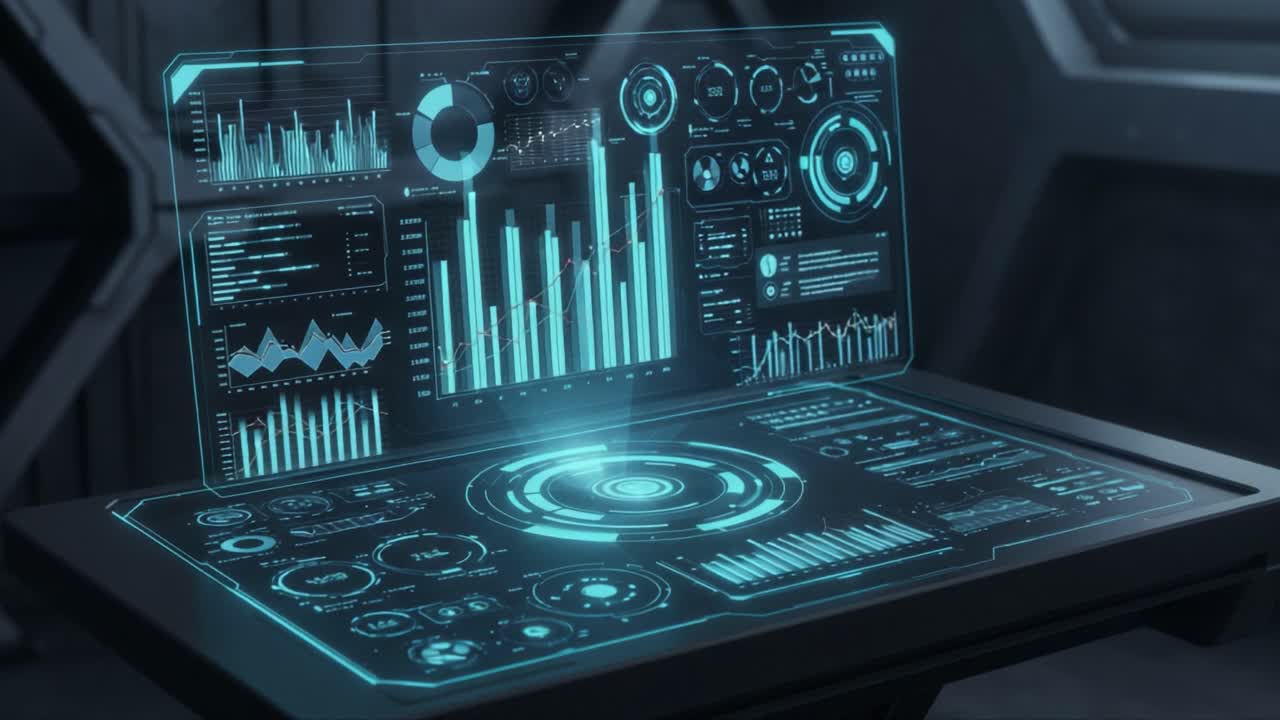 Futuristic Data Visualization Interface with Advanced Graphs and Metrics Displayed on a Holographic Screen in a Sci-Fi Environment