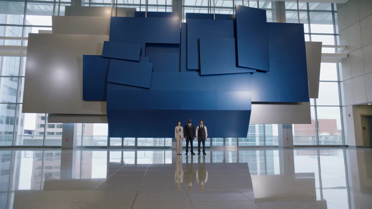 Zoom arrière de la caméra dévoilant des panneaux bleus suspendus au-dessus de trois personnes en costume dans un hall, présentant des œuvres d'art.