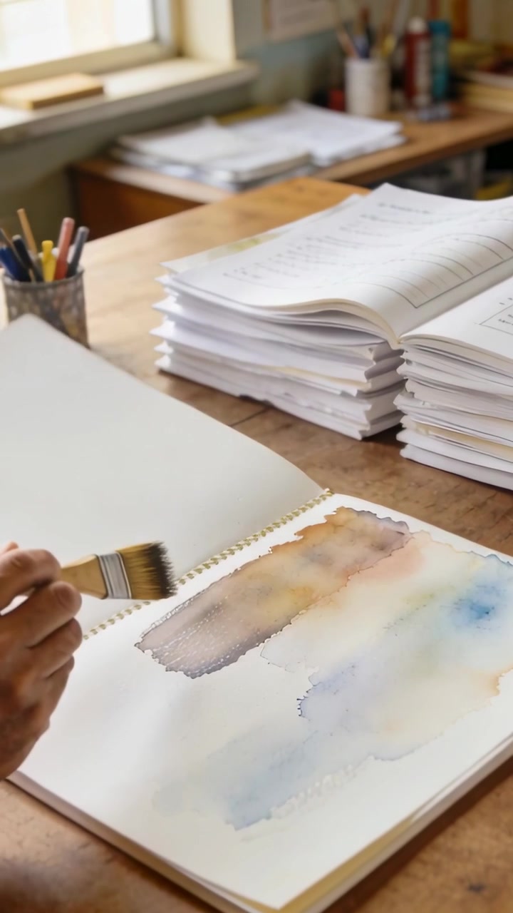 Vertical video: Dragging loaded brush, artist hand painting wash in sketchbook by window, blending