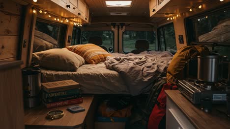 cozy van interior with soft lighting, comfortable bed, and camping gear, perfect for adventure seekers looking for a relaxing getaway in nature