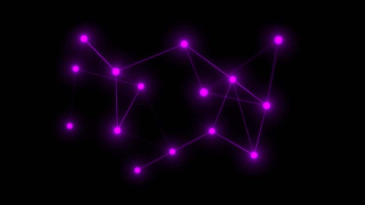 A vibrant neon purple glows softly, connecting a network of dots, creating a visually striking and dynamic web of light that suggests energy and interconnectedness in a modern design.
