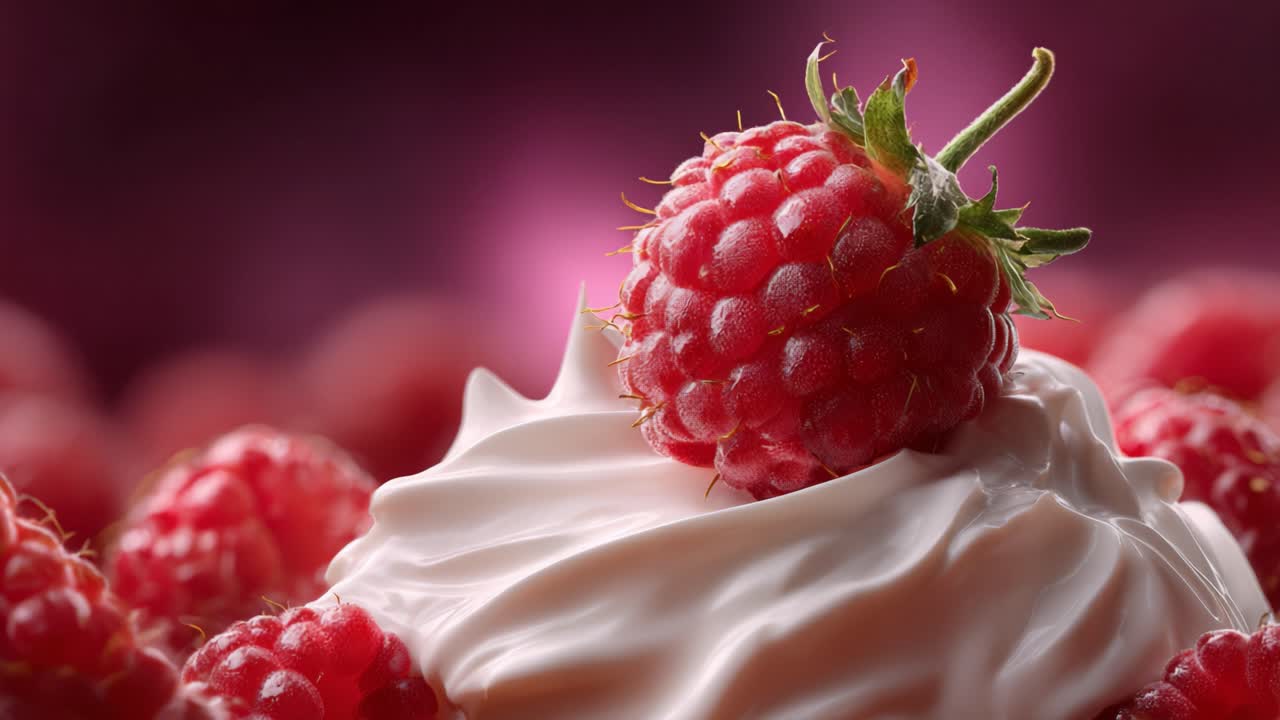 A Decadent Raspberry Topped Dessert with Whipped Cream, Showcasing the Juiciness of Fresh Berries and the Creamy Delight of a Perfectly Prepared Sweet Treat