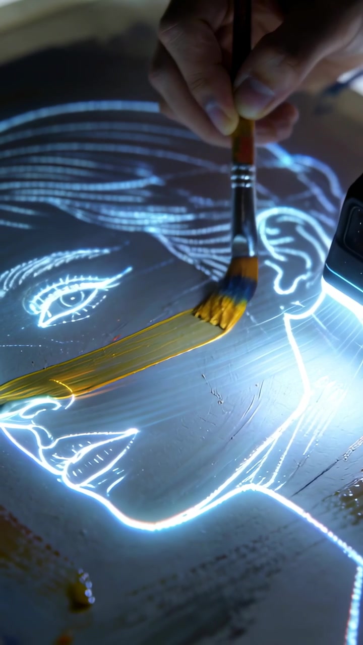 Vertical video: Painting sleeved hand entering with brush dragging gold on light pad to gild face