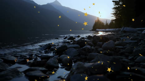 rocky lakeshore being animated at dusk in flat design, showing driftwood logs and golden sparkles