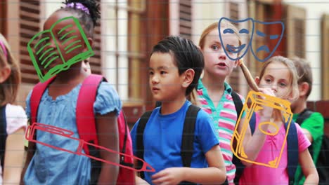 animation of school icons over school children at school