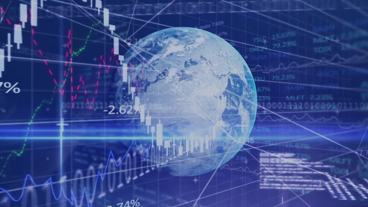 Animación de diagramas y procesamiento de datos sobre un globo terráqueo en fondo azul