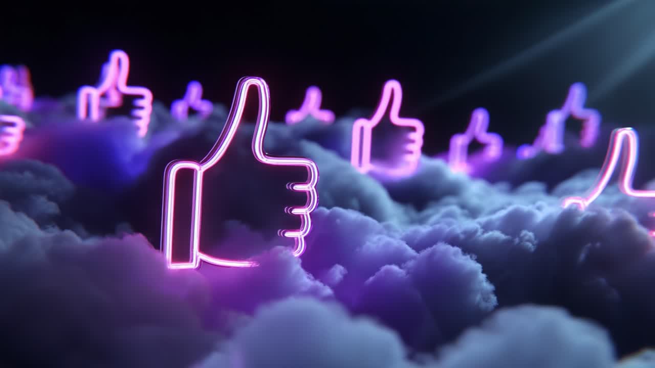 A mesmerizing visual of illuminated thumbs-up symbols emerging from a dreamy cloud landscape, capturing the essence of positivity and engagement in a vibrant, futuristic scenario