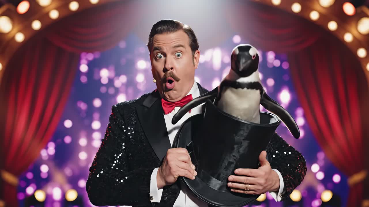Magician pulling a penguin out of a top hat