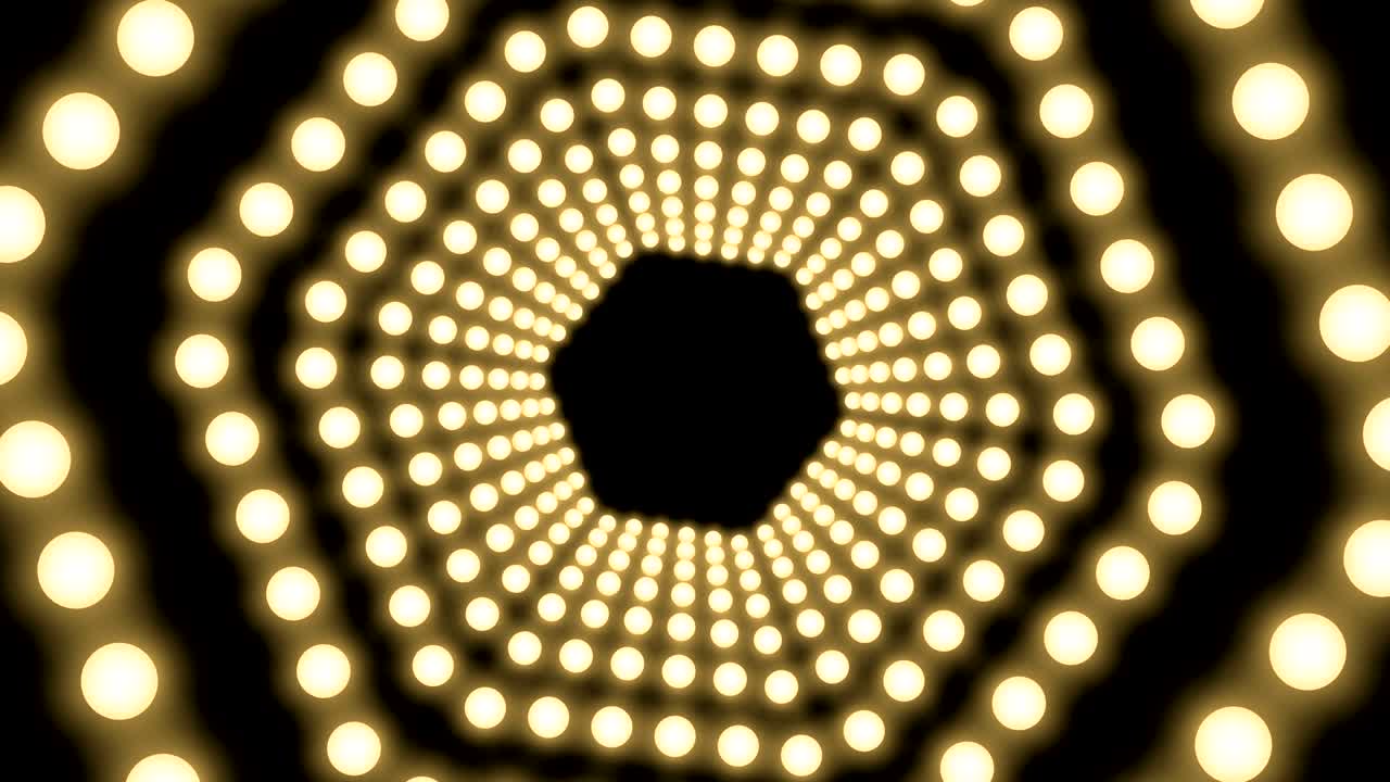 Tunnel Incandescent light bulb box frame hexagon shape swirl rotate moving pattern, retro 3D virtual style illustration glow in dark background seamless looping animation 4K, with copy space