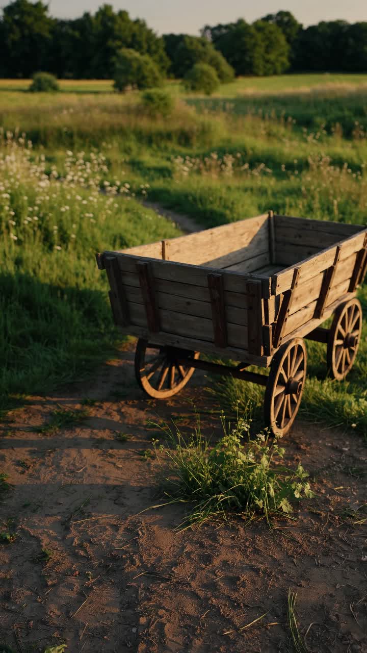 Rustic wooden cart on a dirt path in a lush meadow, captured at a low angle, evokes a vintage