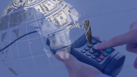 Animation-of-globe-formed-with-american-dollar-bills-over-payment-terminal