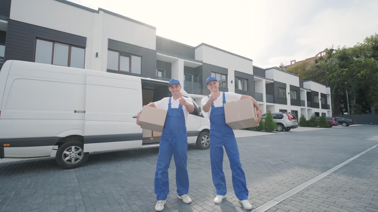 Two young workers of removal company deliver boxes to a customer's home