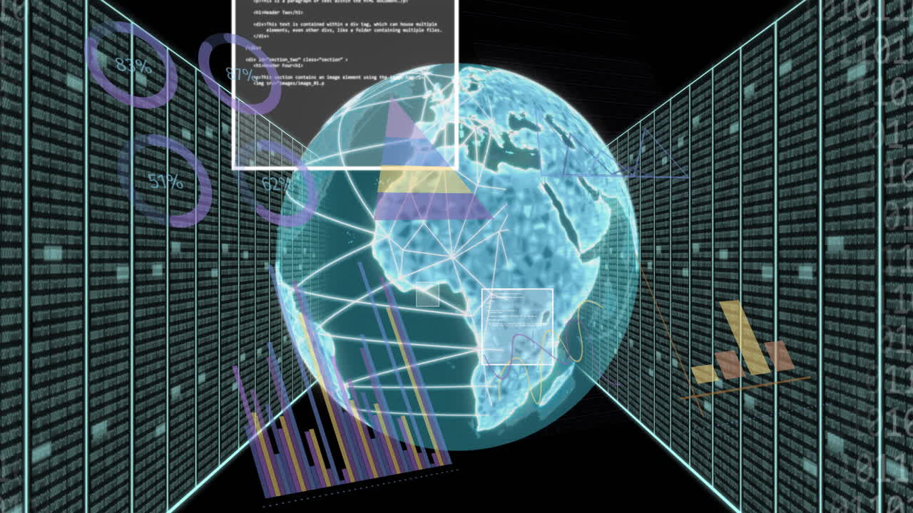 Global data analytics animation over digital Earth with charts and graphs
