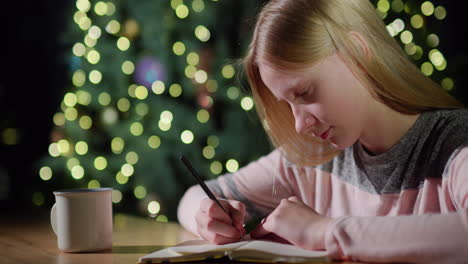 portrait of a child, writes plans for the next year in a diary. against the background of blurry lights of christmas tree garlands