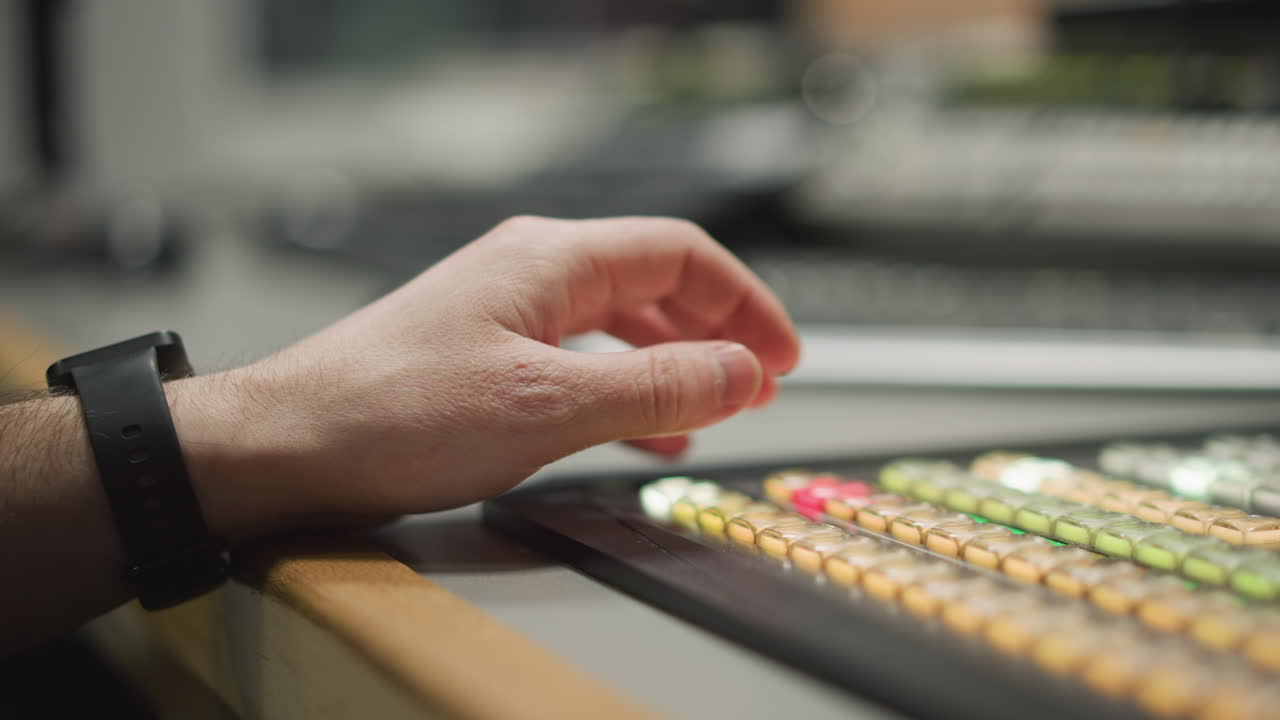 Close-up shot of hand controlling broadcast equipment, pressing colored buttons on a studio control panel, part of live production in broadcast studio or media environment, with focus on control
