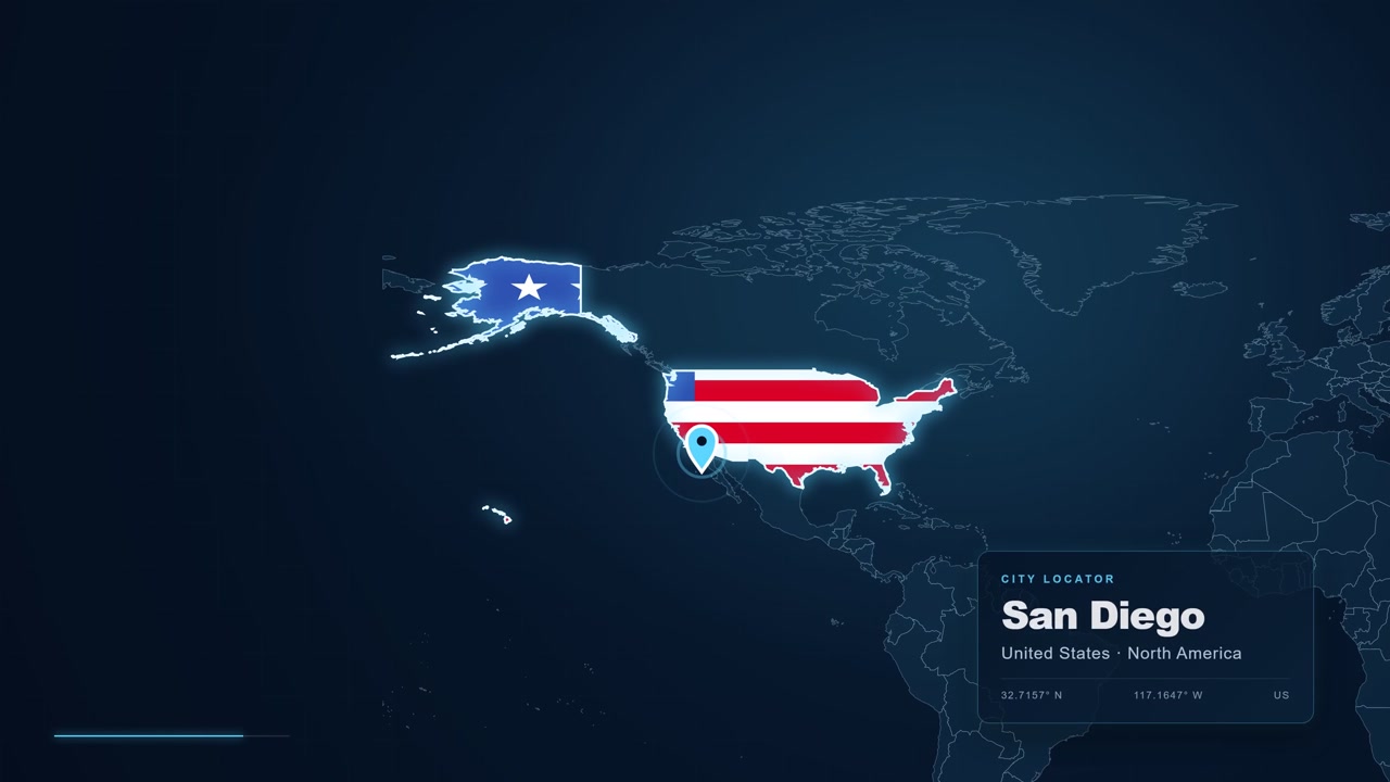 Filmato di mappa digitale che ingrandisce per evidenziare la città di San Diego negli Stati Uniti, Nord America, con un segnaposto e un localizzatore geografico visualizzati.
