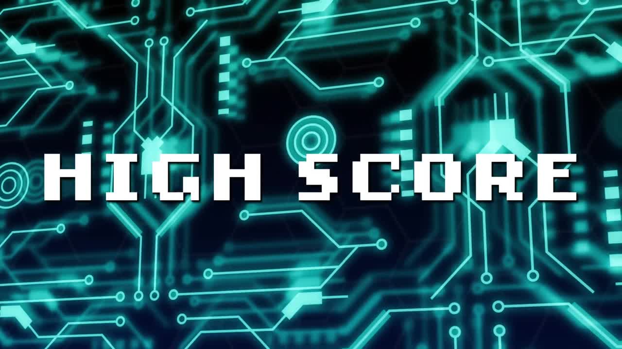검은색 바탕에 네온 컴퓨터 회로판 위에 높은 점수 텍스트의 애니메이션