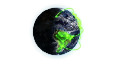 red verde en una tierra sombreada y nubes en movimiento con imagen de la tierra cortesía de nasa.org