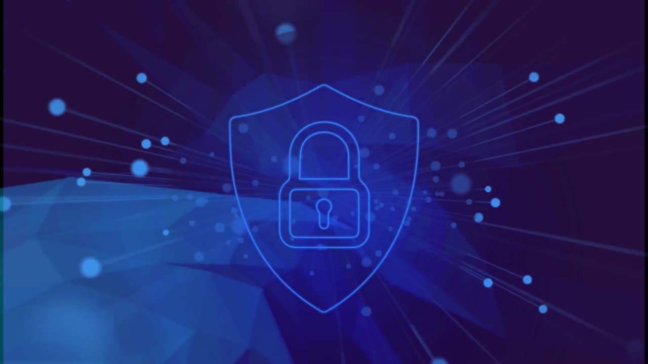 animatie van een online beveiligingshangslot en een netwerk van verbindingen op een donkere achtergrond