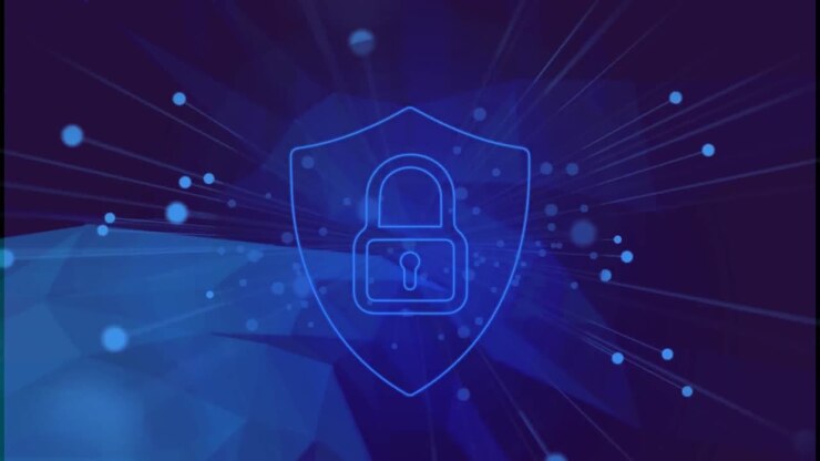 Animation of online security padlock and network of connections over dark background
