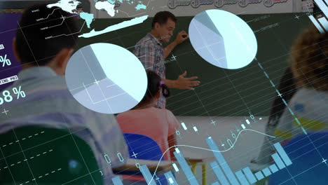 Animation-Einer-Infografik-Oberfläche-über-Einem-Männlichen-Lehrer,-Der-Schüler-An-Einer-Tafel-Unterrichtet