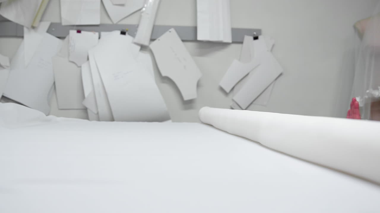 el diseñador de ropa está trabajando con mediciones en una mesa de estudio. filmado en 4k uhd. en primer plano despliegan una trama de tela blanca en blanco y de color claro cosiendo en cámara lenta.