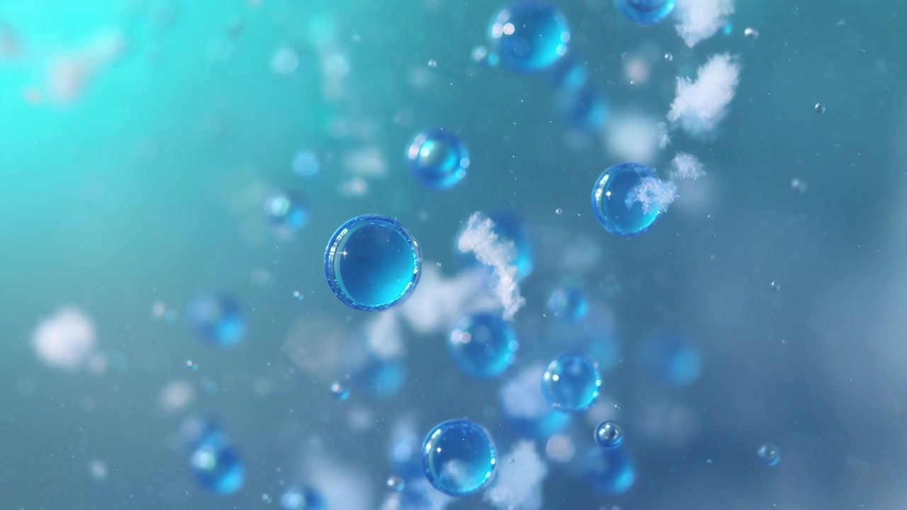 Abstract Blue Bubbles and Particles Rising in Clear Liquid