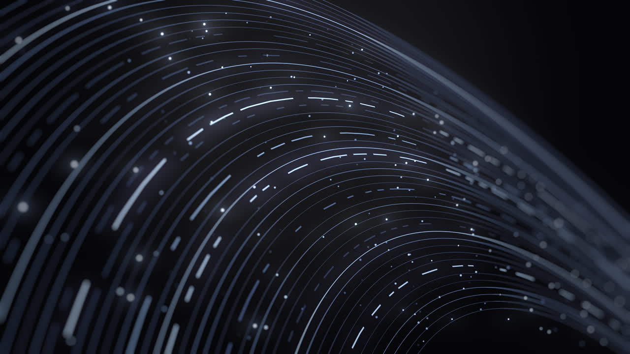 Abstract dark background with glowing curved lines and dots, representing digital data flow, network connections, modern technology. Ideal for concepts like AI, big data, internet, and communication