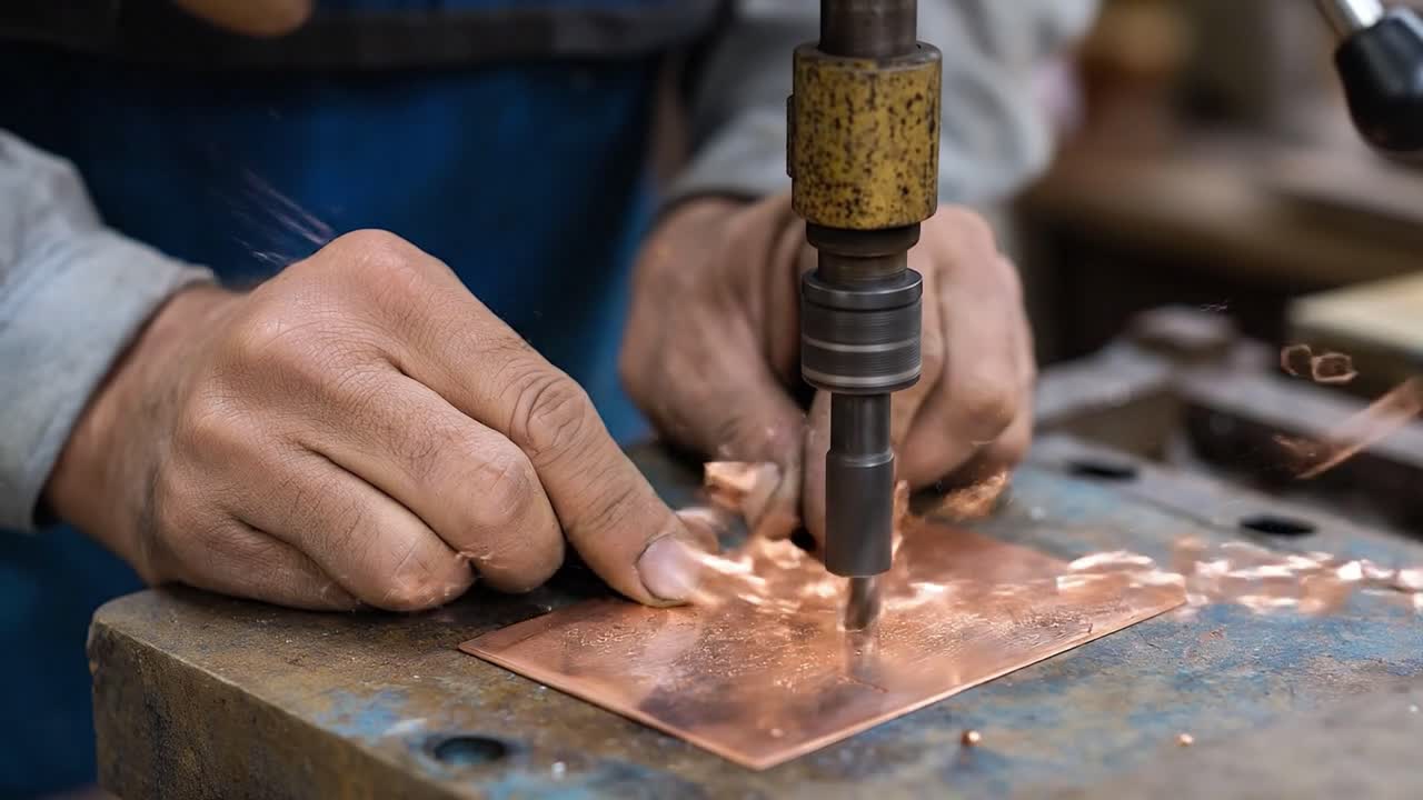 uomo che fora una lastra di rame con scintille