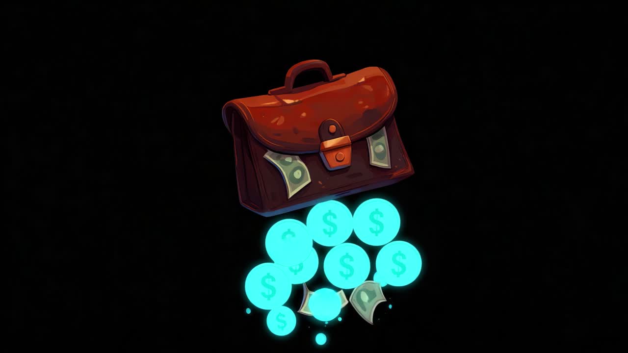 A vibrant animated depiction of a brown leather briefcase overflowing with glowing money, symbolizing wealth and opportunity against a striking black background