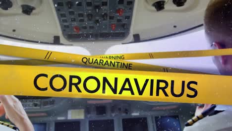 Yellow-police-tapes-with-Quarantine-and-Coronavirus-text-against-airplane-cockpit