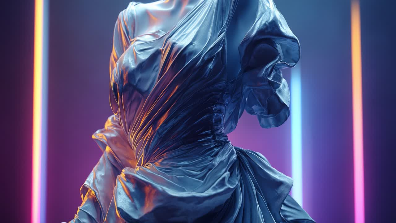 Dynamic Fashion Sculpture in Vibrant Lighting: A Contemporary Art Piece Blending Texture and Light, Showcasing an Elegant Draped Design with Illuminated Background Elements