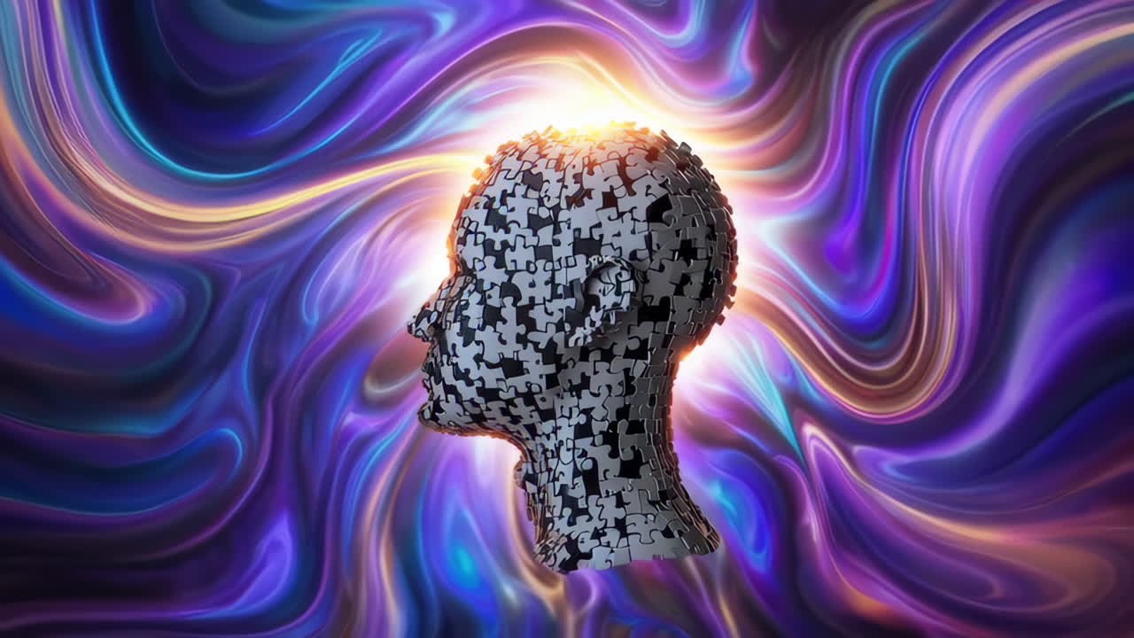Abstract Human Head Made of Puzzle Pieces with Glowing Brain and Swirling Background