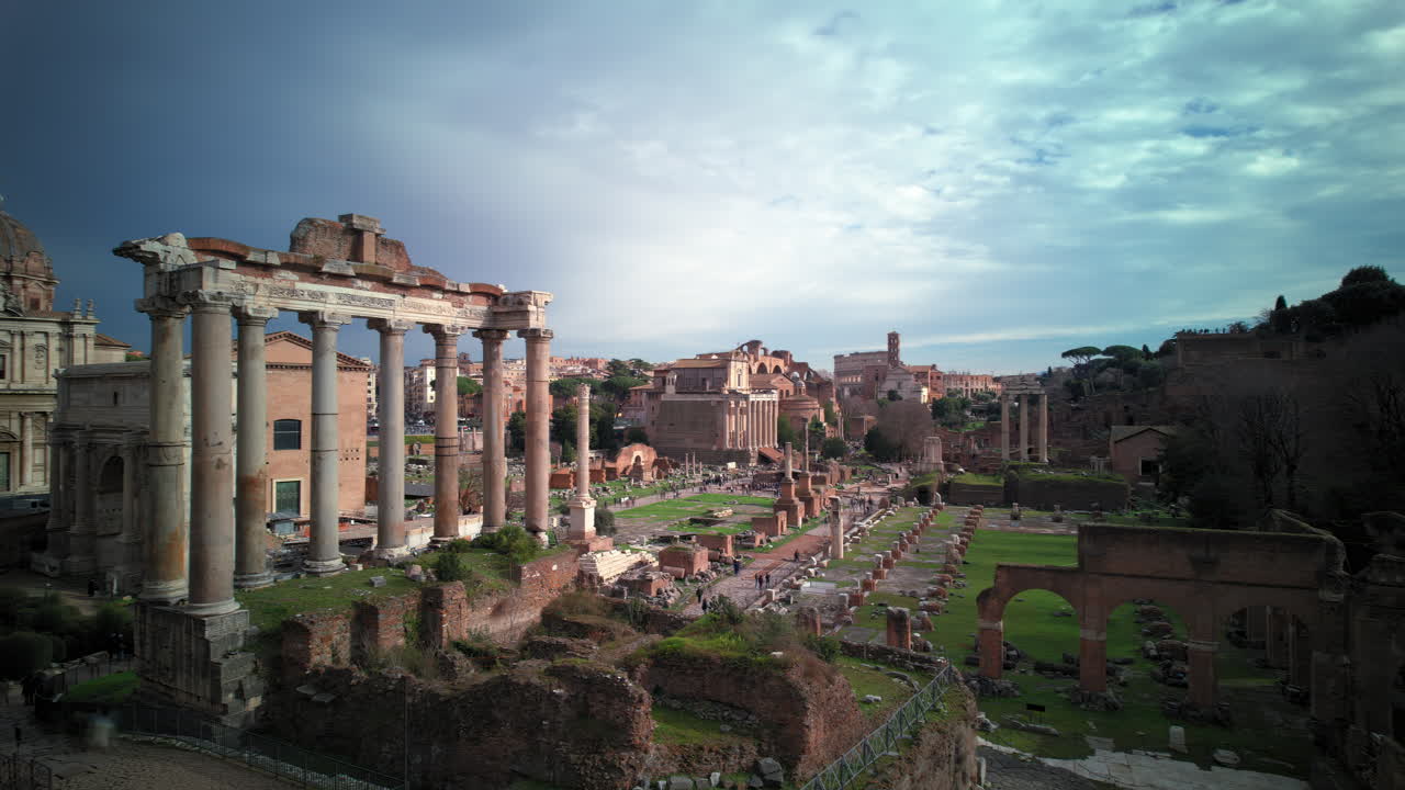 Roman Forum timelapse on a cloudy day, moving left to right, Rome, Italy