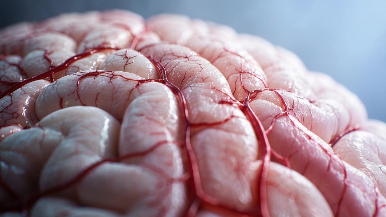 Primo piano dell'anatomia del cervello umano con vasi sanguigni visibili
