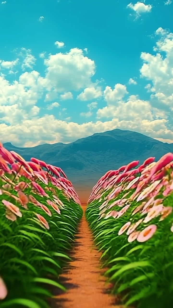Colorful flower field under a bright sky. Vibrant flowers bloom in a lush field surrounded by mountains under a blue sky filled with fluffy clouds.