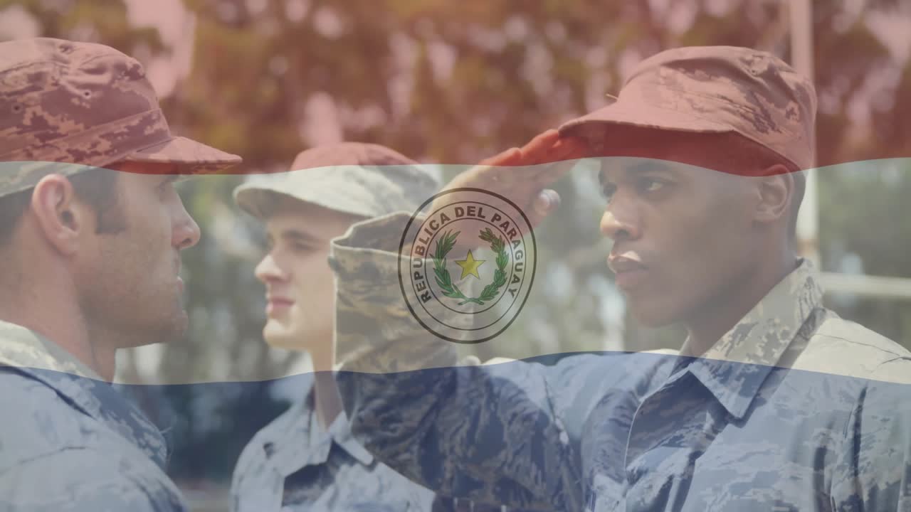 Three soldiers standing in military drill, upon flag overlay appearing right soldier saluting flag