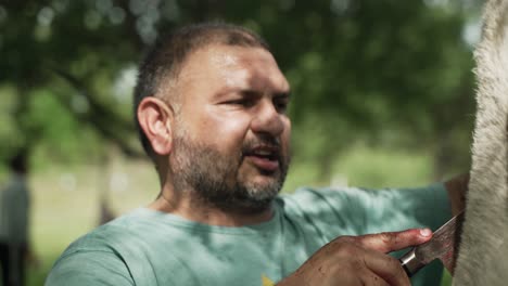 middle eastern man chops and cuts sheep meat to eat in celebration of muslim, religious holiday ramadan, eid al-adha or eid al-fitr in cinematic slow motion