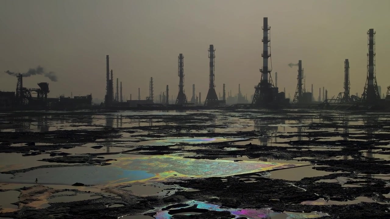 Oil Refinery Industrial Landscape with Polluted Water and Smog