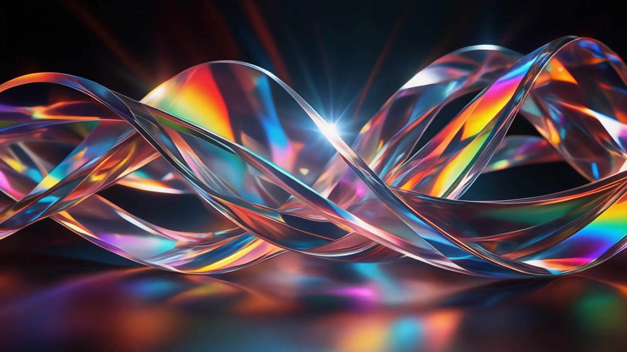 Ondas Abstratas de Fita de Vidro Iridescente com Iluminação Cinematográfica